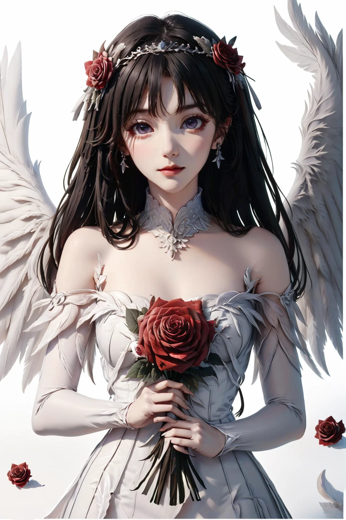 1girl,angel,angel wings,apple,bare shoulders,berry,bird wings,black flower,black rose,black wings,blood,blue rose,bouquet,camellia,christmas,crown,defloration,dove,earrings,eyelashes,feathered wings,feathers,flower,flower ornament,fruit,fur trim,hair flower,hair ornament,halo,holding bouquet,holding flower,jewelry,lips,looking at viewer,mini wings,orange flower,pink flower,pink rose,purple flower,purple rose,red flower,red nails,red rose,rose,rose petals,rose print,single wing,snow,solo,spider lily,spread wings,strawberry,thorns,tiara,tulip,vase,white feathers,white flower,white rose,white wings,wings,yellow rose,<lora:angelwing:1>,<lora:girl_1:1>,