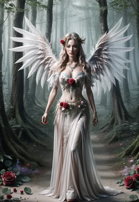 a breathtaking scene, a stunning lady adorned with rose wings, immersed in a magical enchanted forest,  fairies,  unique charm, blend of fantasy and realism, paying attention to vivid colors and a high level of detail. Resolution: 8K, Photorealistic, 4K UHD,  8K, Photorealistic <lora:AddMoreDetails:0.5>, <lora:lit:0.3> <lora:angelwing:0.8>, sharp focus,  vray tracing, raw character, 32k uhd, smoke effect, dim lighting,, photorealistic, 4k, highly detailed, sharp focus, hyper-realistic, masterpiece,ultra-realistic,32k,extremely detailed CG unity 8k wallpaper, best quality,