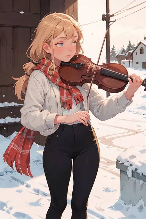 1girl,playing violin,violin,bow \(music\),snow,stand on the street,leather jacket,winter,scarf,snowing,golden hair,indoor,best quality,masterpiece,<lora:GoodHands-vanilla:1>,<lora:violin_v11:0.6>,