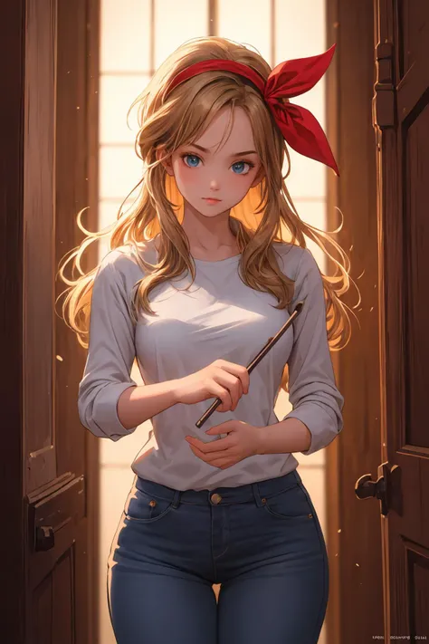 masterpiece,8k high quality detailed,highres,anime,,illustration \(art_book\),
(an illustration of a female,illustration \(female\),(solo)),
,1girl,long hair,blonde hair,curly hair,hair ribbon,blue eyes,medium breasts,red hairband,eyelashes,bangs,(<lora:violin_v11:0.5>,jeans,plyaing violin,violin),Pensive:1.2,detailed_face,
((Hands in the air, palms facing outward)),
(,realistic clothing texture,realistic_skin_texture),<lora:velvia:0.6>,<lora:ANIME_DragonBall_Launch_ownwaifu:0.7>,<lora:more_details:0.3>