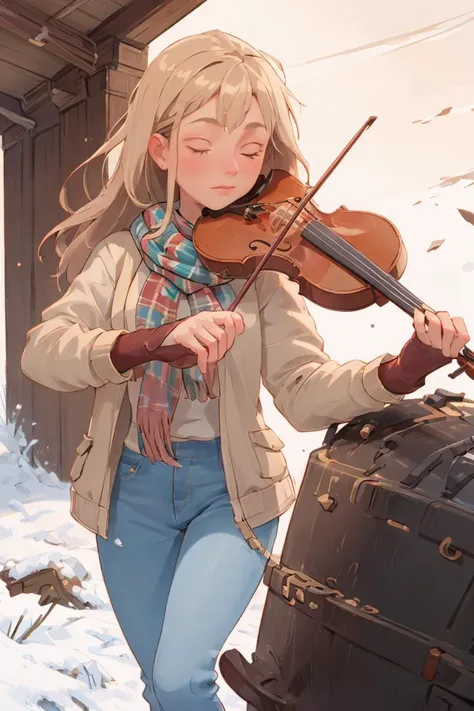 1girl,playing violin,violin,bow \(music\),snow,stand on the street,leather jacket,winter,scarf,snowing,golden hair,indoor,best quality,masterpiece,<lora:GoodHands-vanilla:1>,<lora:violin_v11:0.8>,