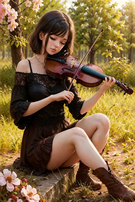 1girl, playing violin, violin, bow \(music\), spring, off-shoulder top, ((stand)), Bob Cut, skirt, big breasts, boot, closed eyes,
best quality, 8k, masterpiece, <lora:violin_v6:0.67>