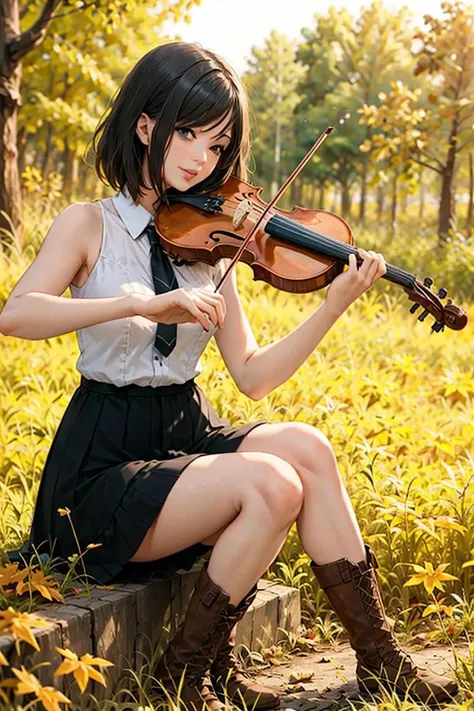 Live Action、 Best Quality, a white bikini,1girl in,Small bikini sticking out,violin,Bow (Music),musical instrument,a large bust,Cute beautiful girl in Japan, Short hair, Live Action