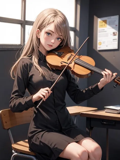 1girl, playing violin, violin, bow \(music\), sitting in the classroom high school uniform, golden hair, indoor, full body, big breasts,
best quality, 8k, masterpiece,
<lora:violin_v11-000008:0.56>