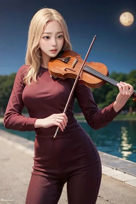 1girl, playing violin, violin, bow \(music\), sweater,    golden hair,  outdoor, park, snow, moon night, 
best quality, 8k, masterpiece,
<lora:violin_v11-000008:0.57>