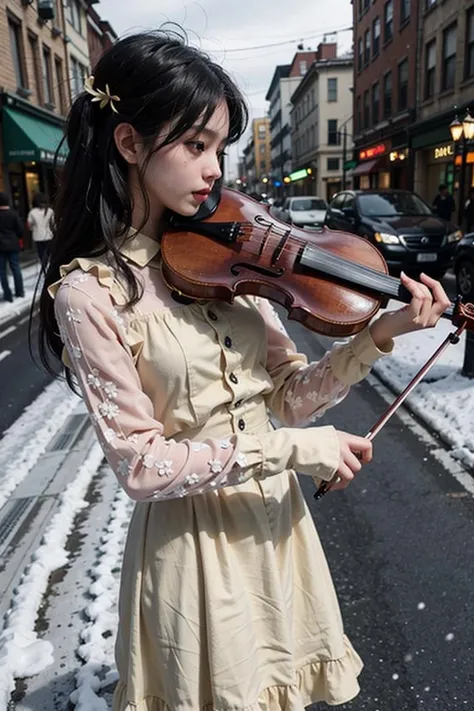 1girl, playing violin, violin, bow \(music\), snow, on the street, black hair, best quality, 8k, masterpiece, <lora:violin_v12:0.67>