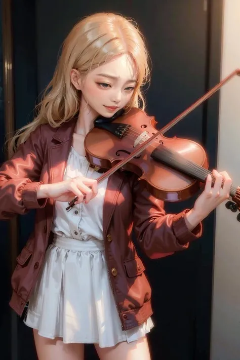 1girl, playing violin, violin, bow \(music\),  ((jacket)), closed eyes, long straight hair, golden hair,
best quality, 8k, masterpiece