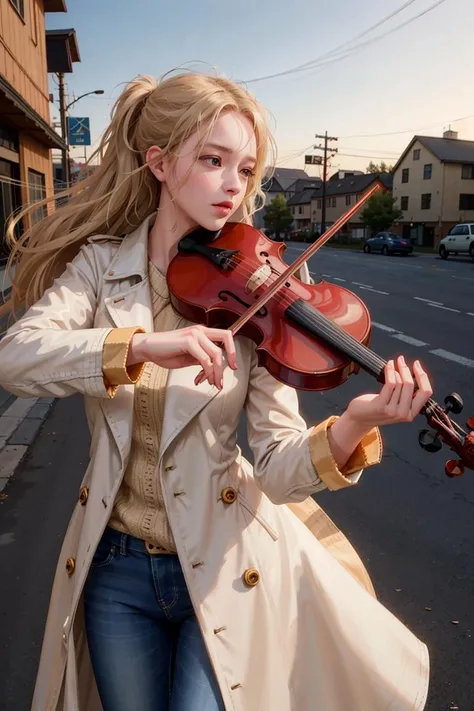 1girl, playing violin, violin, bow \(music\), snow, on the street, jeans trench coat, golden hair, best quality, 8k, masterpiece,