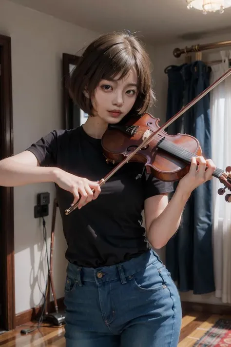 1girl, playing violin, violin, bow \(music\), indoor, ((jeans)), closed eyes, Bob Cut, golden hair,
best quality, 8k, masterpiece
