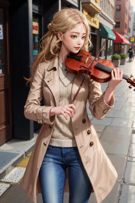 1girl, playing violin, violin, bow \(music\), snow, on the street, jeans trench coat, golden hair, best quality, 8k, masterpiece,