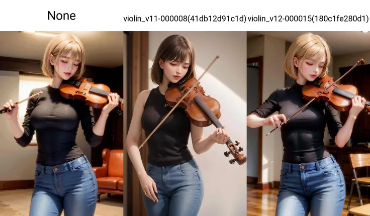 1girl, playing violin, violin, bow \(music\), indoor, ((jeans)), closed eyes, Bob Cut, golden hair,
best quality, 8k, masterpiece,