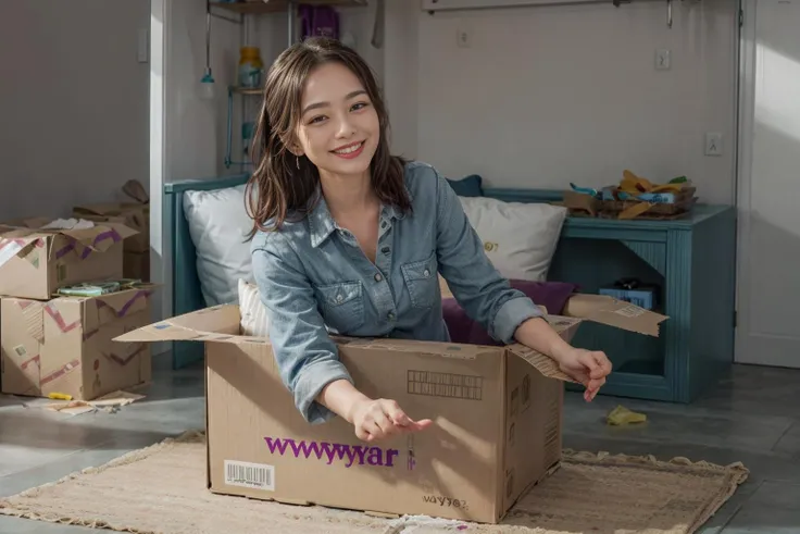beautiful smiling woman inside a large cardboard box with a (wayfair logo:1.2), <lora:wayfu_furniture:1><lora:add_detail:0.6>