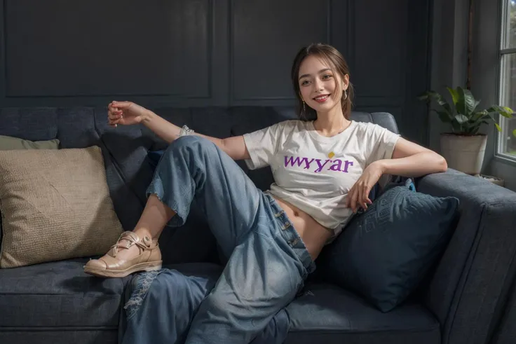 beautiful smiling woman sitting on a couch wearing a tshirt with a (wayfair logo:1.2), <lora:wayfu_furniture:1><lora:add_detail:0.6>