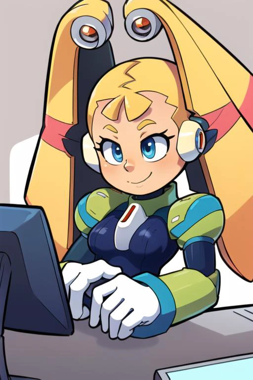 masterpiece, high quality, pallette_megamanx, blonde hair, long hair, blue eyes, android, robot ears, smile, twintails, portrait, small breasts, gloves, computer laboratory, <lora:Pallette_MegaMan_X_V-10:1>