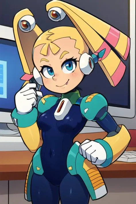 masterpiece, high quality, pallette_megamanx, blonde hair, long hair, blue eyes, android, robot ears, smile, twintails, portrait, small breasts, gloves, computer laboratory, <lora:Pallette_MegaMan_X_V-10:1>