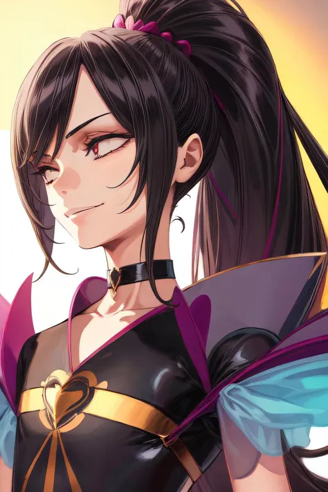 (best quality), (highly detailed), (masterpiece), (perfect lighting),
 1guy, beautiful, evil smile,  heart emblem, black hair, choker, latex, ponytail, feminine 
backlighting,  closeup, vivid colors, bright,  <lora:epi_noiseoffset2:1> <lora:add_detail:0.8> <lora:mahoushoujo_cpt_v01:1> <lora:pako_(pakosun)_style_v01:1>