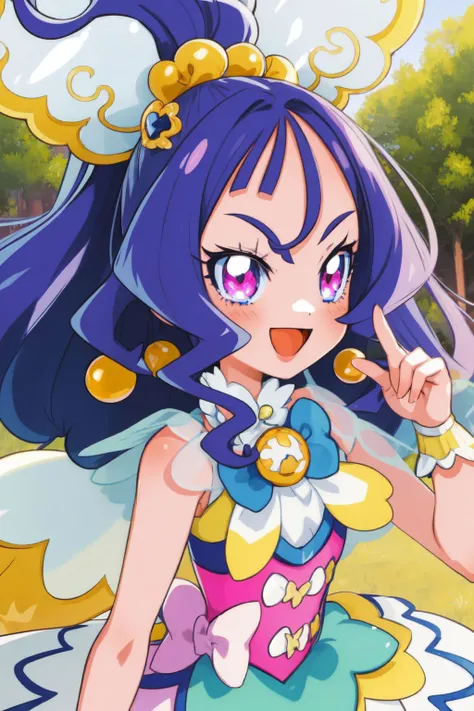 (mahoushoujo:1), 1girl, beehive hairdo, :D, bow, outdoors, lens flare <lora:mahoushoujo_cpt_v01:1.5> <lora:Disgaea7_style_v01:1>