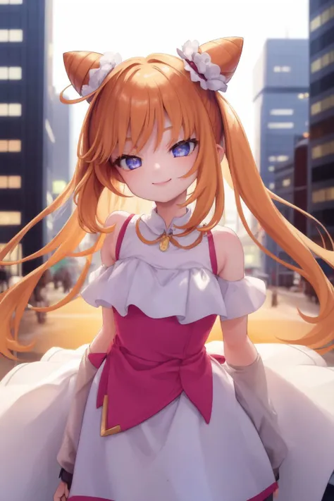 cowboy_shot, (mahoushoujo:1), 1girl, triple bun, naughty smile, bow, city, frontlighting <lora:mahoushoujo_cpt_v01:1> <lora:kedama_milk_style_v03:1>