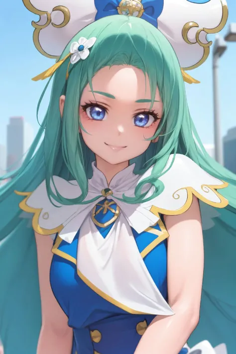 upper body, (mahoushoujo:1), 1girl, parted bangs, seductive smile, bow, city, bright <lora:mahoushoujo_cpt_v01:1> <lora:dishwasher1910_style_v01:1>