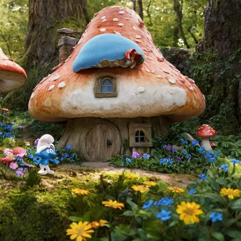cinematic photo a smurf in front of a cute giant mushroom house in the forest, flowers<lora:Smurfs1024:0.7> . 35mm photograph, film, bokeh, professional, 4k, highly detailed
