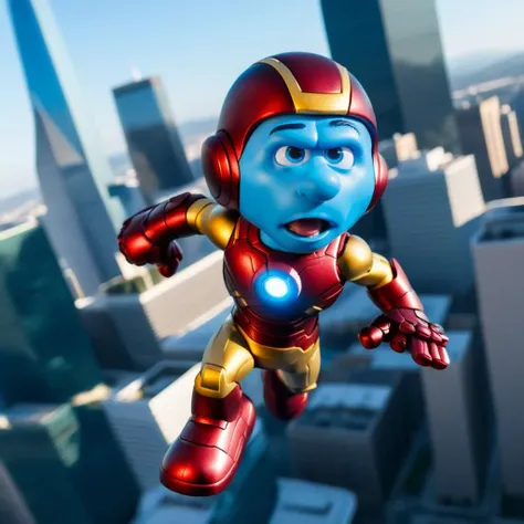 cinematic photo a smurf dressed as ironman, flying over a city <lora:Smurfs1024:0.7> . 35mm photograph, film, bokeh, professional, 4k, highly detailed
