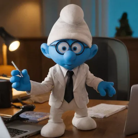 cinematic photo a smurf wears a suit, working in a office, laptop <lora:Smurfs1024:0.6>  . 35mm photograph, film, bokeh, professional, 4k, highly detailed