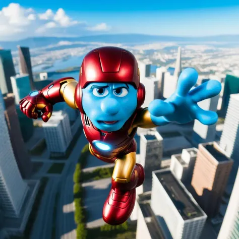cinematic photo a smurf dressed as ironman, flying over a city <lora:Smurfs1024:0.7> . 35mm photograph, film, bokeh, professional, 4k, highly detailed