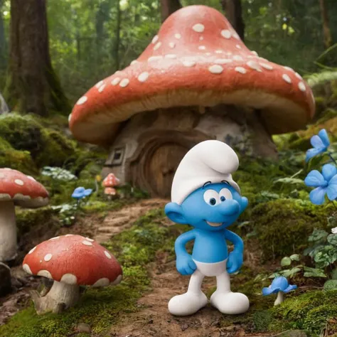 cinematic photo a smurf in front of a cute giant mushroom house in the forest, flowers<lora:Smurfs1024:0.7> . 35mm photograph, film, bokeh, professional, 4k, highly detailed