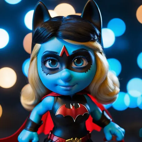 cinematic photo smurfette dressed as batwoman in a black costume , dark hair, blue skin <lora:Smurfs1024-000110:0.7> . 35mm photograph, film, bokeh, professional, 4k, highly detailed