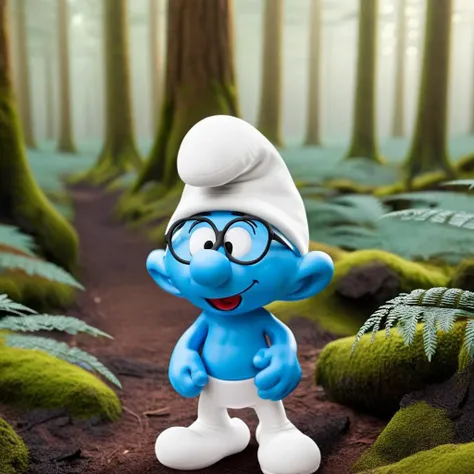 cinematic photo a smurf dressed in white, white hat, glasses, in the forest  <lora:Smurfs1024:0.7> . 35mm photograph, film, bokeh, professional, 4k, highly detailed