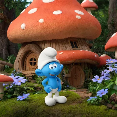 cinematic photo a smurf in front of a cute giant mushroom house in the forest, flowers<lora:Smurfs1024:0.7> . 35mm photograph, film, bokeh, professional, 4k, highly detailed