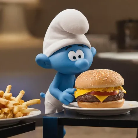 cinematic photo a smurf is a waiter in a fast food, giant hamburger <lora:Smurfs1024:0.6> . 35mm photograph, film, bokeh, professional, 4k, highly detailed