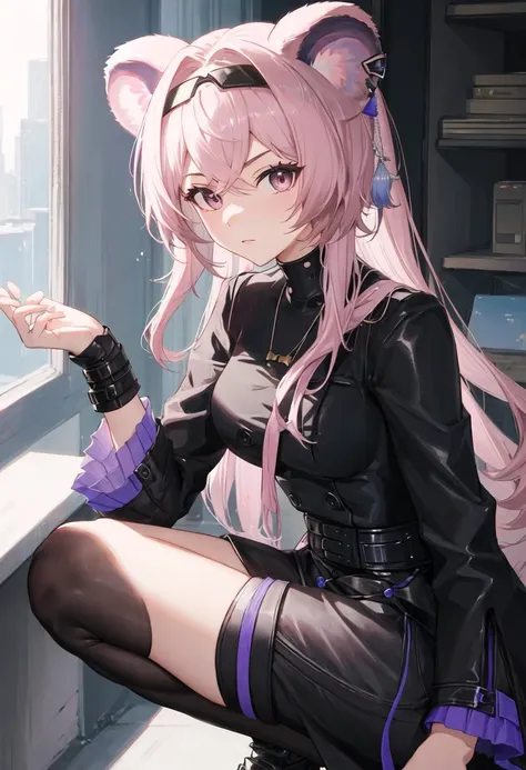 anime girl sitting on a desk with her legs crossed, office clothes, on a desk, thighhighs and skirt, sitting on a desk, tight attire, trending on cgstation, good hips and long legs, standing on a desk, elegant legs, sexy pose, long legs, (nsfw) safe for work, business attire, nice legs, photorealistic perfect body, kafka from honkai star rail