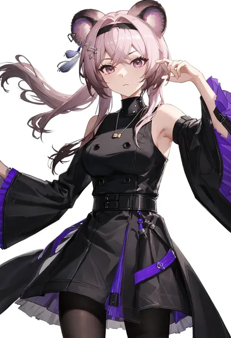 best quality, masterpiece, highres, solo, {lin_arknights:0.90}, 1girl, black_dress, long_sleeves, looking_at_viewer, white_background, cowboy_shot, simple_background, closed_mouth, wide_sleeves, black_pantyhose, official_alternate_costume
