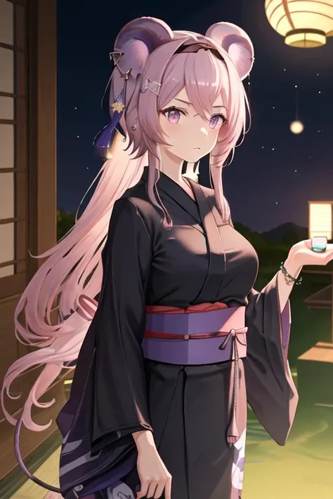 best quality, masterpiece, highres, solo, {yukata:1.40}, {kimono:1.20}, {lin_arknights:1.15}, animal_ears, long_hair, mouse_ears, bangs, pink_hair, breasts, hairband, black_hairband, pink_eyes, upper_body, closed_mouth, purple_eyes, hair_between_eyes, jewelry
