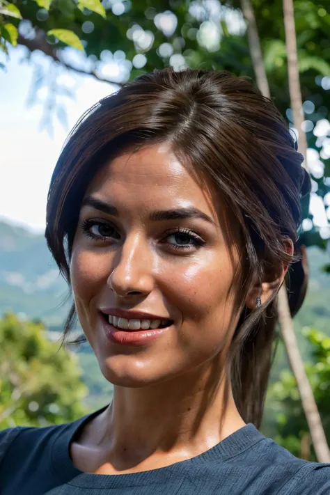 laracroft2, brown eyes, brown hair, ponytail, blue shirt, looking at viewer, smiling, close up, outside, jungle, natural lighting, high quality, masterpiece, <lora:laracroft:.7>