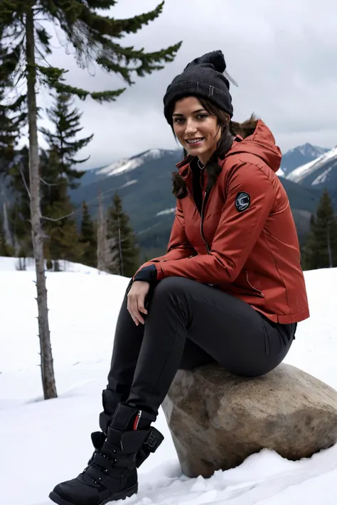laracroft2, brown eyes, brown hair, ponytail, red parka jacket, black pants, boots,black beanie, looking at viewer, serious, smiling, sitting, on rock, outside, mountain, snow, trees, overcast, high quality, masterpiece, <lora:laracroft:.7>