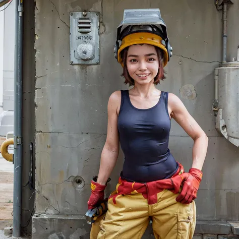 <lora:welderPokemonTCGLora_v10:0.7> welder, tank top, helmet, jumpsuit, gloves, 1girl, solo, smile