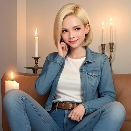 folded ,fingersmile ,smile ,expressionless ,hand focus, candle light,look,animal focus,indoors, android18 is mature female and fair skin and short hair and blonde hair and earrings and denim clothes and shirt and pantyhose and long sleeves and jacket and belt,solo, <lora:android18DragonBall_one:0.6>