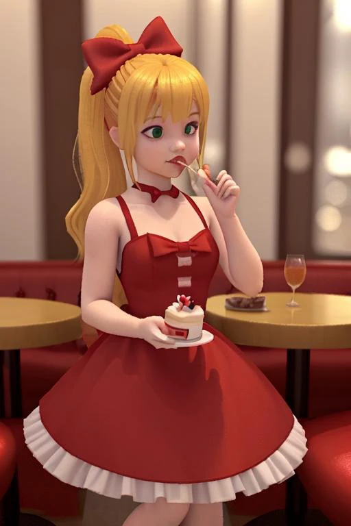 <lora:Roll3D:1> Roll3D 1girl, eating a birthday cake in a restaurant, red dress, green bow, blonde hair