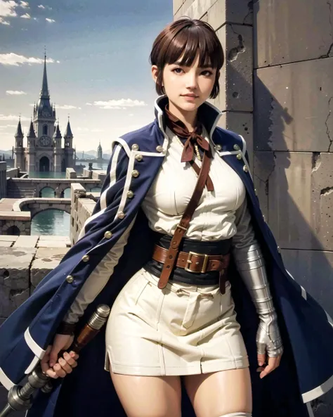 (castle, gorgeous view)
(cowboy shot), sfw, (masterpiece), (best quality:1.0), (ultra highres:1.0), detailed eyes, detailed clothing texture, beautiful face, 1girl, Isabeau smiling, rapier, weapon
samurai uniform, blue coat, gauntlet
<lora:Isabeau_SMT4:0.6>