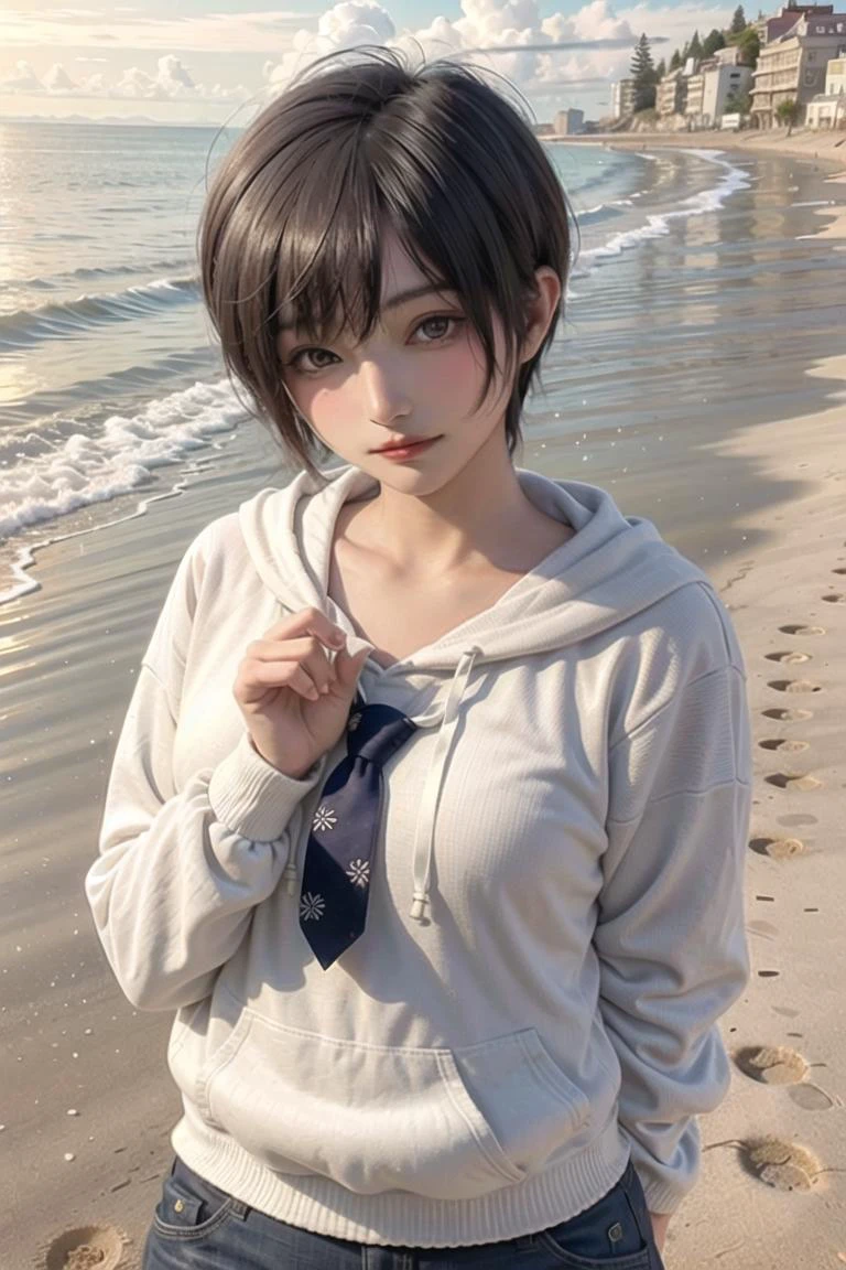 masterpiece, best quality, 1girl, solo, tomboy, smile, short hair, spike hair, cowboy shot, red lipstick, hoodie , beach, sand <lora:komoshuaiCNCoser_v15:1>