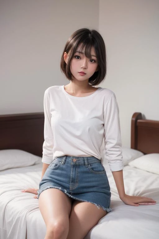 1girl, cute, best quality, 8k, ultra detailed, bedroom, bed, <lora:xinbaoxinbao_v3:0.5>, raw photo, short hair