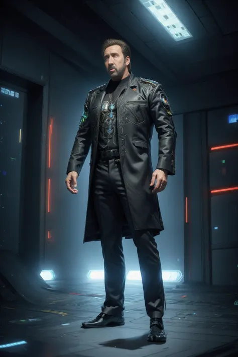 masterpiece, best quality, realistic, (1 man), (male), (/nicolas cage:1/)+, full body view, (fat male:1)+++, (black suit:1)+, armor, (cyberpunk:1)++, scifi, futuristic, mechanical arms, advntr, <lora:cosmicRainbow_v1:0.6>