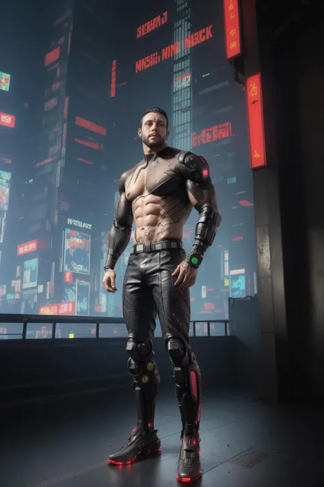 masterpiece, best quality, realistic, 1 man, ((male)), full body view, ((muscular)), armored, (((cyberpunk))),