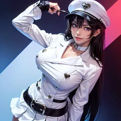 (((smug))), <lora:bambiettaBleach_v09:0.6>, bambie, (1girl, black hair, collar, double-breasted, hair between eyes, hat, heart belt, lapels, long hair, long sleeves, miniskirt, notched lapels, peaked cap, pleated skirt, purple eyes, quincy, solo, white collar, white headwear, white shirt:1.2)