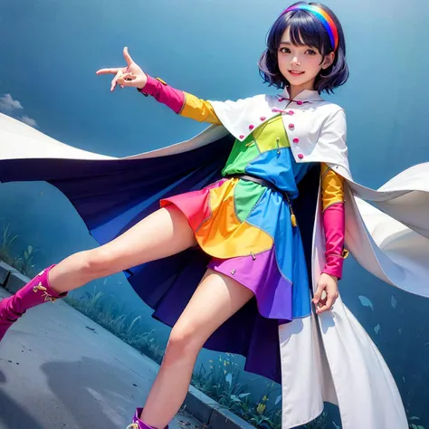 smile, <lora:TenkyuuChimataProject_tenkyuuChimataV10:0.65> tenkyuu chimata, rainbow-colored hair band, rainbow hair band, rainbow-colored shattered-pattern clothes, zipper lines on clothes, white cloak with sky painting, sky painting on cloak, pink boots with a ribbon,