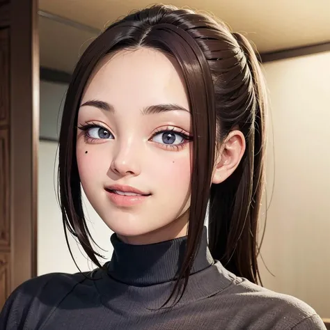 1girl, solo, light smile, <lora:onemine_v1:0.45>, onemine, (short eyebrows, think eyebrows, brown eyes, brown hair, eyes visible through hair, long hair, mole, mole under eye, mole under mouth, ponytail, sanpaku, sidelocks, black sweater:0.8)