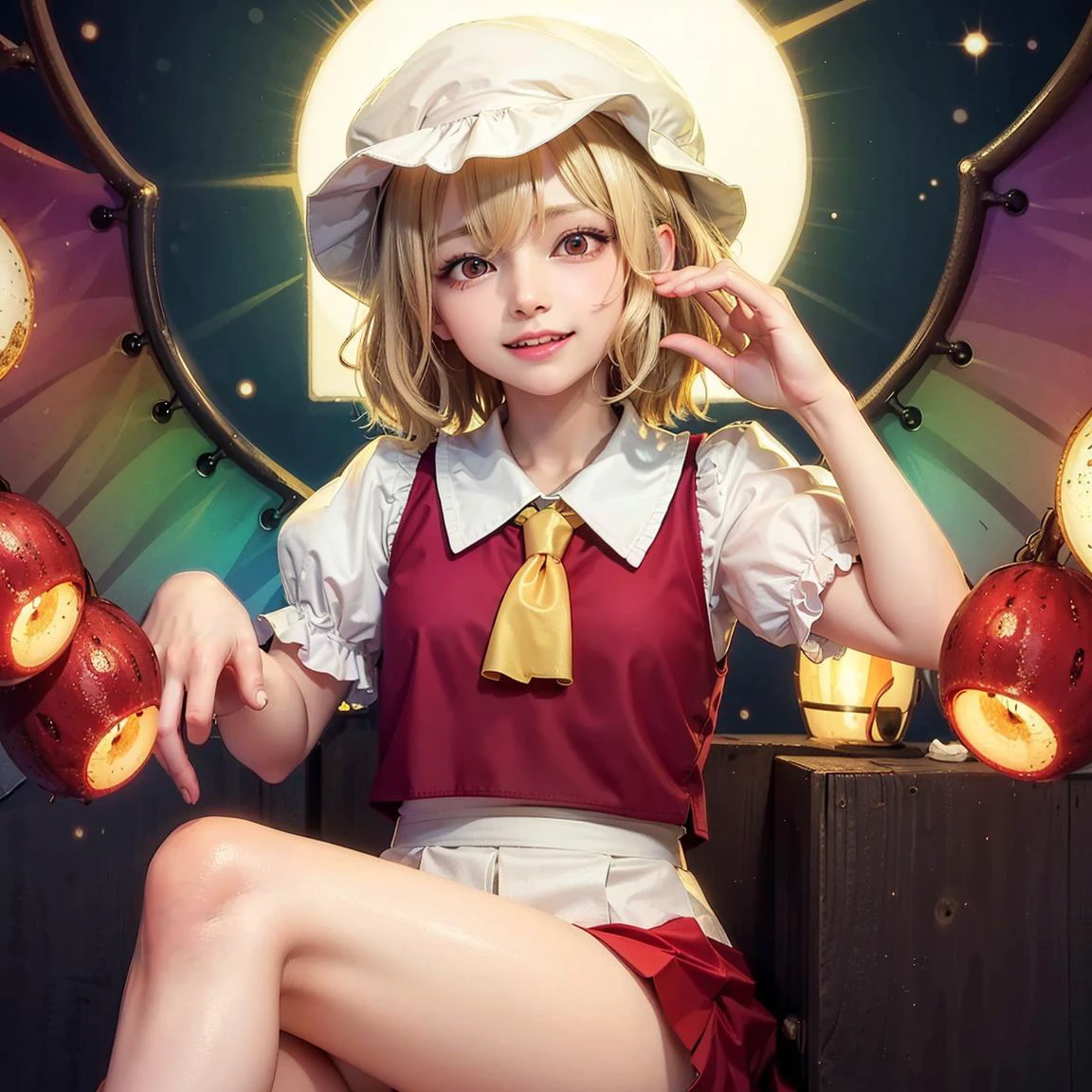 naughty face, smile, teasing, flandre scarlet, , <lora:FlandreScarletTouhou_v10:0.75> , ascot, blonde hair ,fang , hat, hair between eyes , mob cap , puffy short sleeves , puffy sleeves , red eyes, red vest, short sleeves , short hair , white headwear, wings , skirt , vest