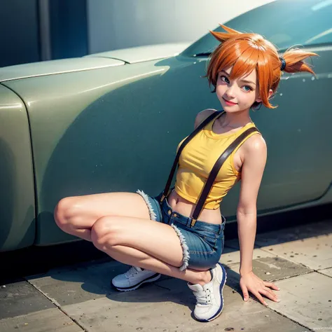 smile, 1girl, solo, <lora:mistyPokemon_v2:0.6>, misty \(pokemon\), suspenders (eyelashes, green eyes, green shorts, orange hair, shirt, short shorts, shorts, sleeveless, sleeveless shirt, sneakers, , yellow shirt:0.8)